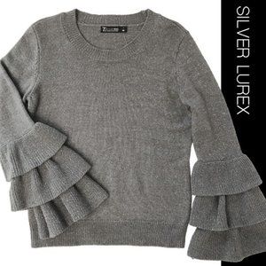 NY & Co. Silver Lurex Ruffle Sleeve Sweater Size S